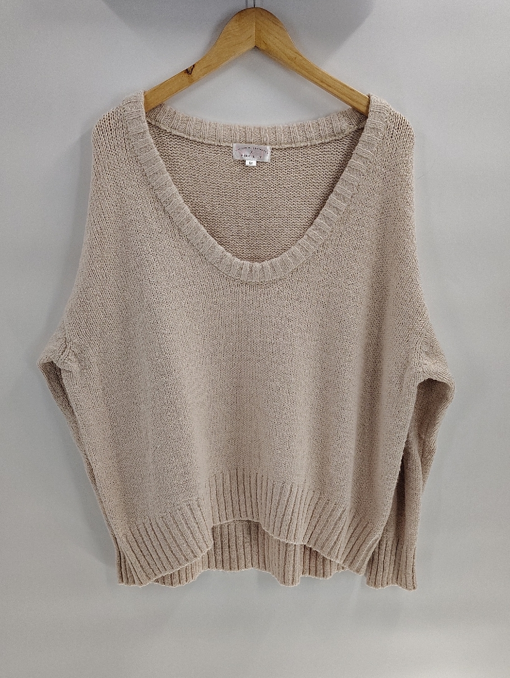 Caitlin Covington x Pink Lily Kelsey Sweater Taupe Wide Neck Off Shoulder Soft M - Picture 3 of 9